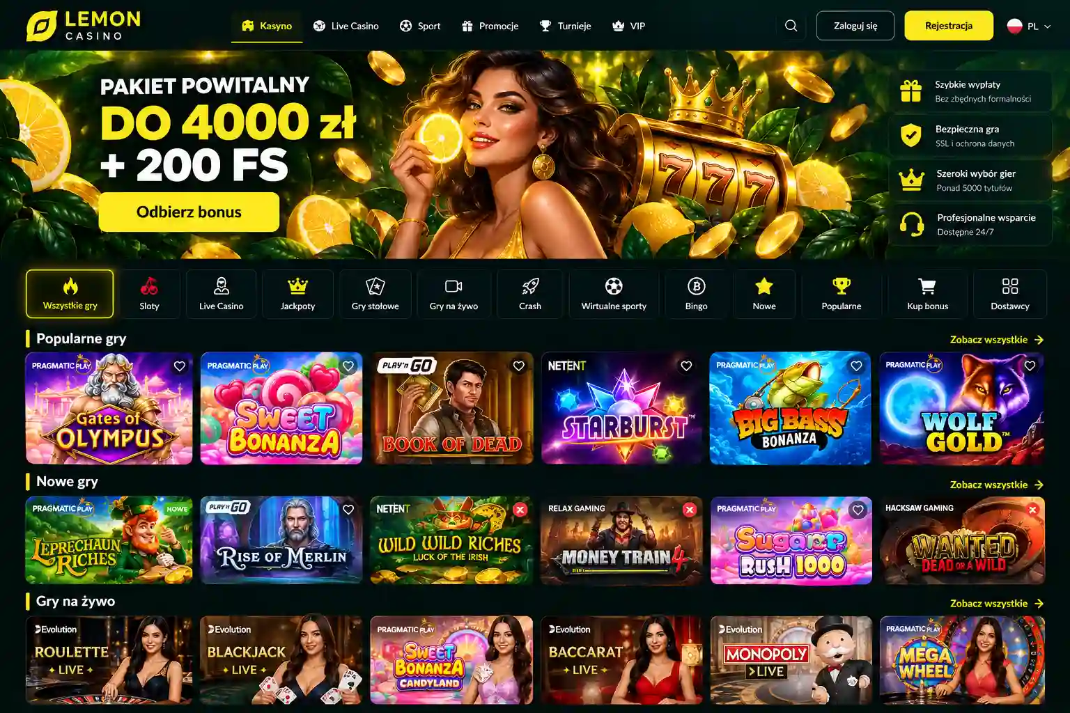 Oficjalna strona Lemon Casino – widok desktopowy