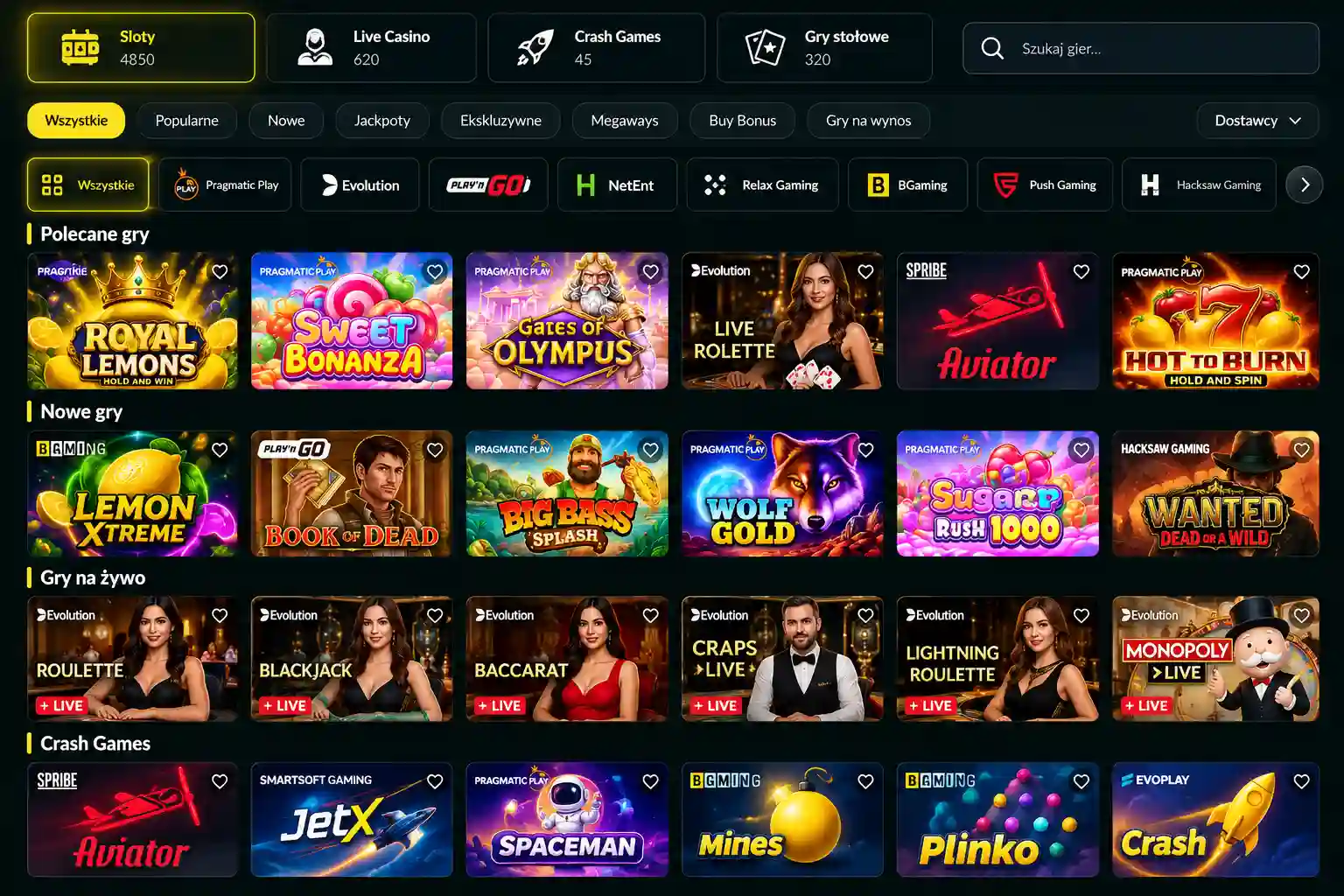 Lobby gier Lemon Casino z filtrami kategorii i dostawców