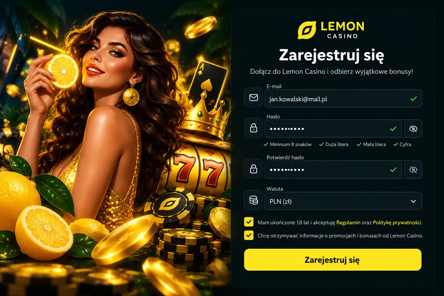 Strona rejestracji Lemon Casino z formularzem